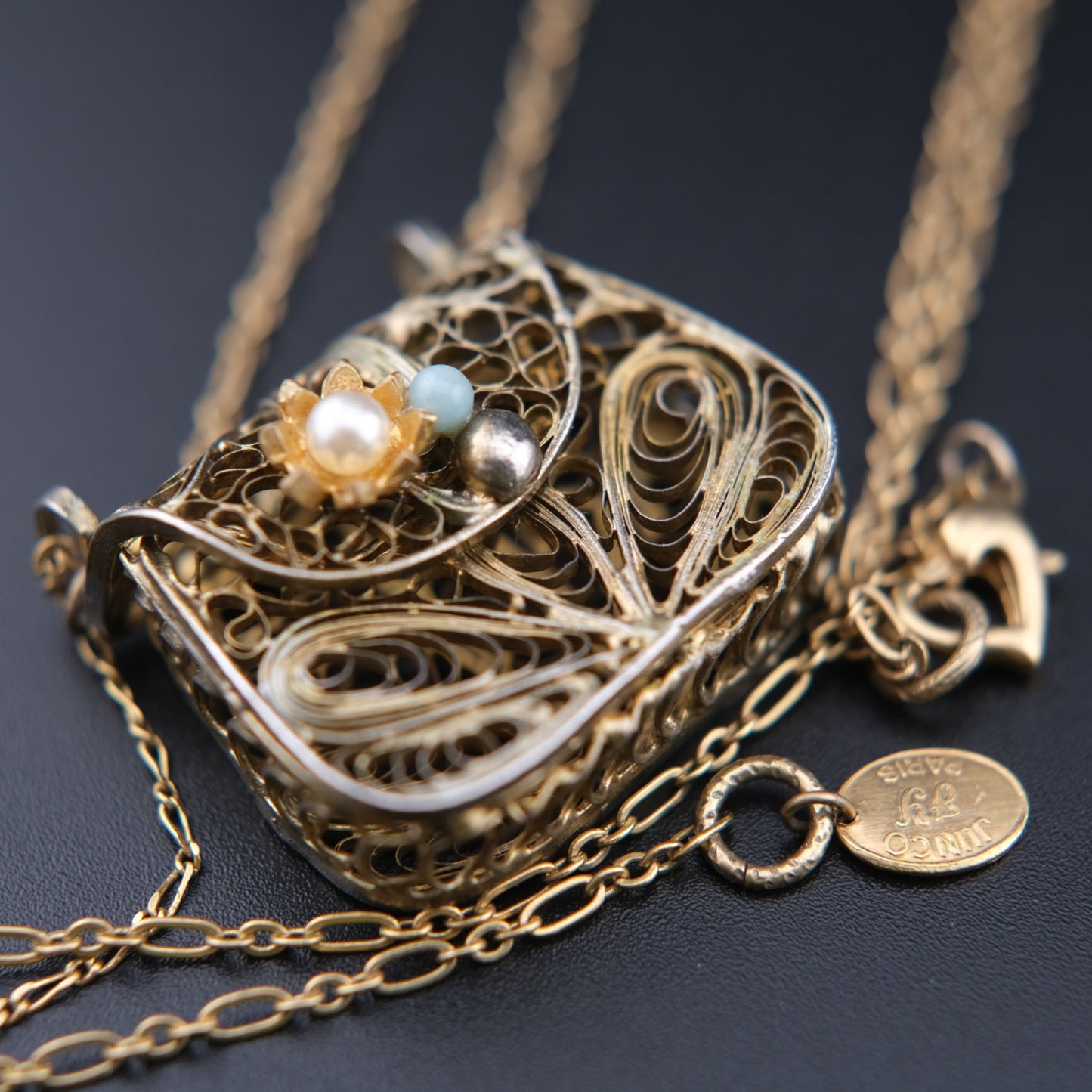 Vintage Junco Paris Filigree Purse Pendant Necklace