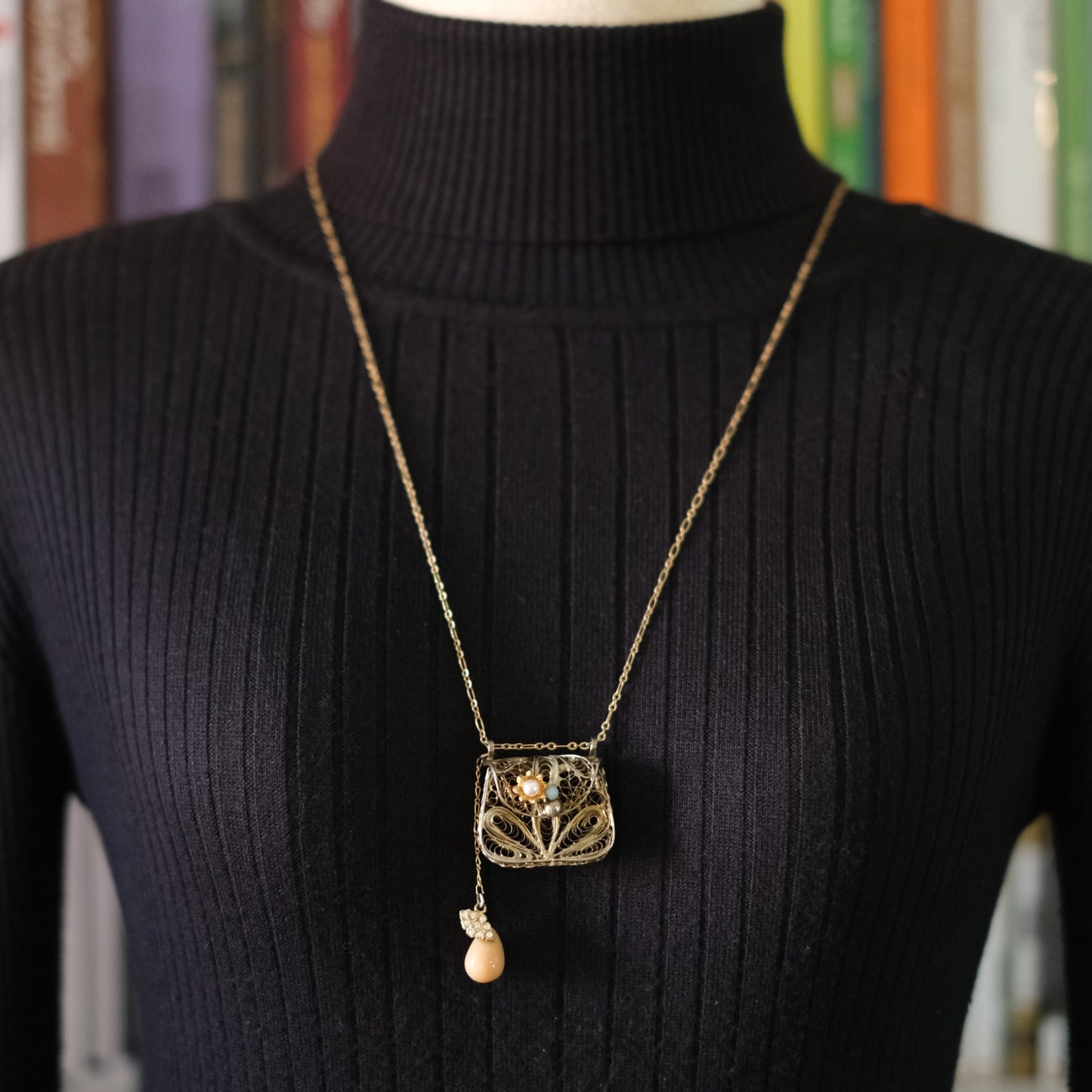 Vintage Junco Paris Filigree Purse Pendant Necklace