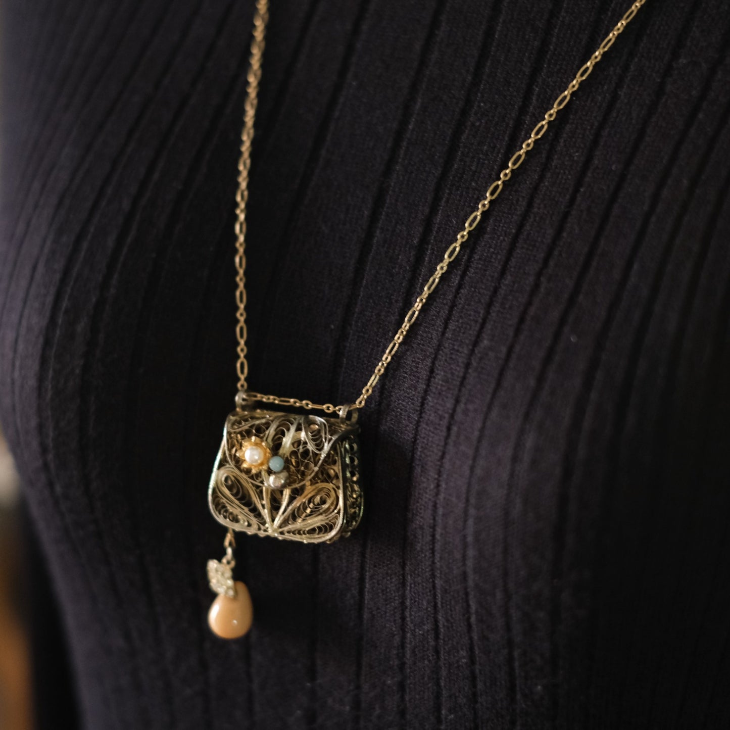 Vintage Junco Paris Filigree Purse Pendant Necklace
