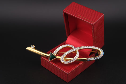 Vintage Leilian Spiral Arrow Brooch – Gold Tone with Clear & Green Crystals