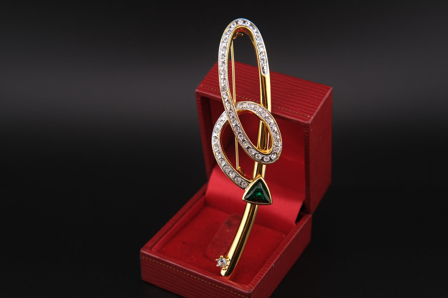Vintage Leilian Spiral Arrow Brooch – Gold Tone with Clear & Green Crystals