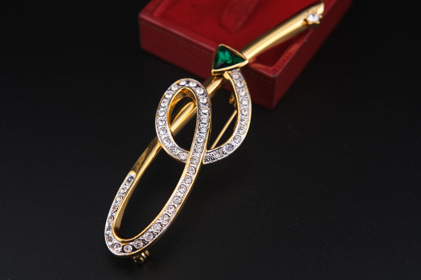 Vintage Leilian Spiral Arrow Brooch – Gold Tone with Clear & Green Crystals