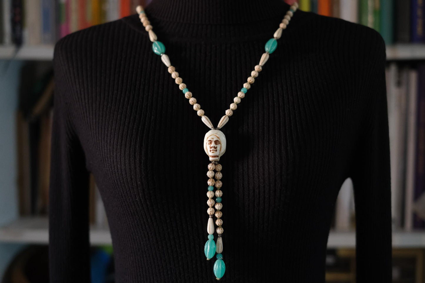 Vintage Carved Face Bead Tribal Necklace – 40" Long