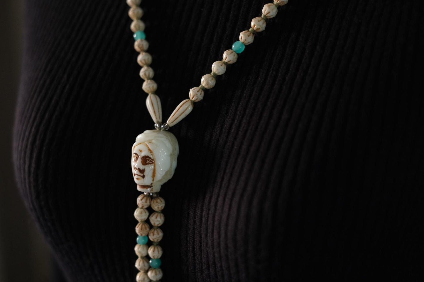 Vintage Carved Face Bead Tribal Necklace – 40" Long