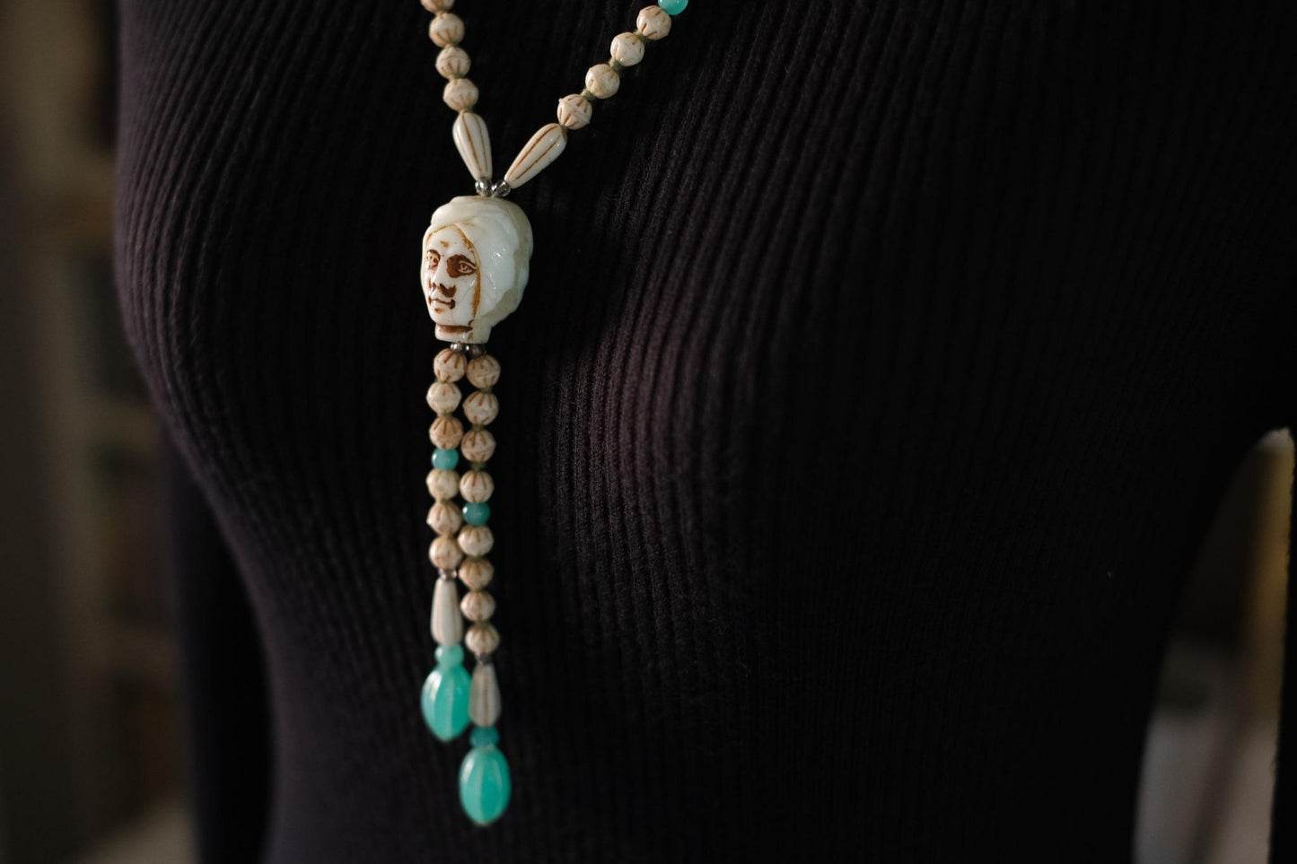 Vintage Carved Face Bead Tribal Necklace – 40" Long