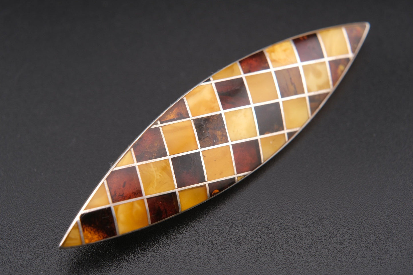 Vintage Sterling Silver Amber Mosaic Brooch – Marquise Shape