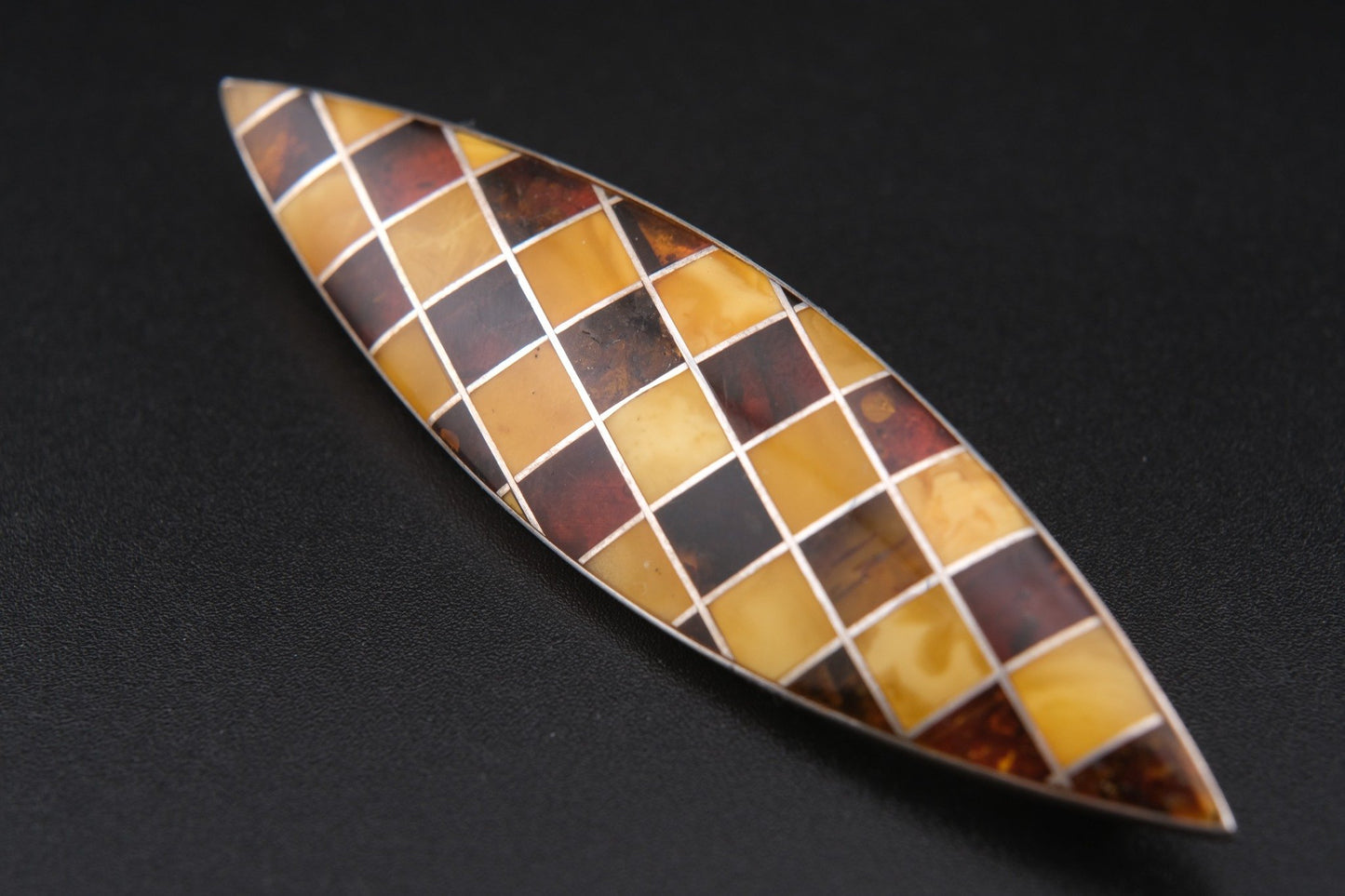 Vintage Sterling Silver Amber Mosaic Brooch – Marquise Shape