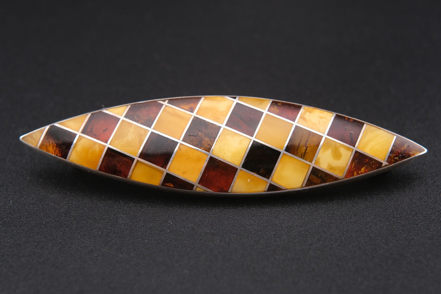 Vintage Sterling Silver Amber Mosaic Brooch – Marquise Shape