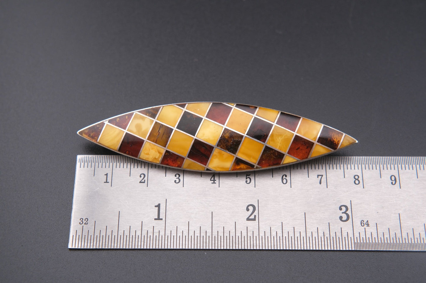 Vintage Sterling Silver Amber Mosaic Brooch – Marquise Shape