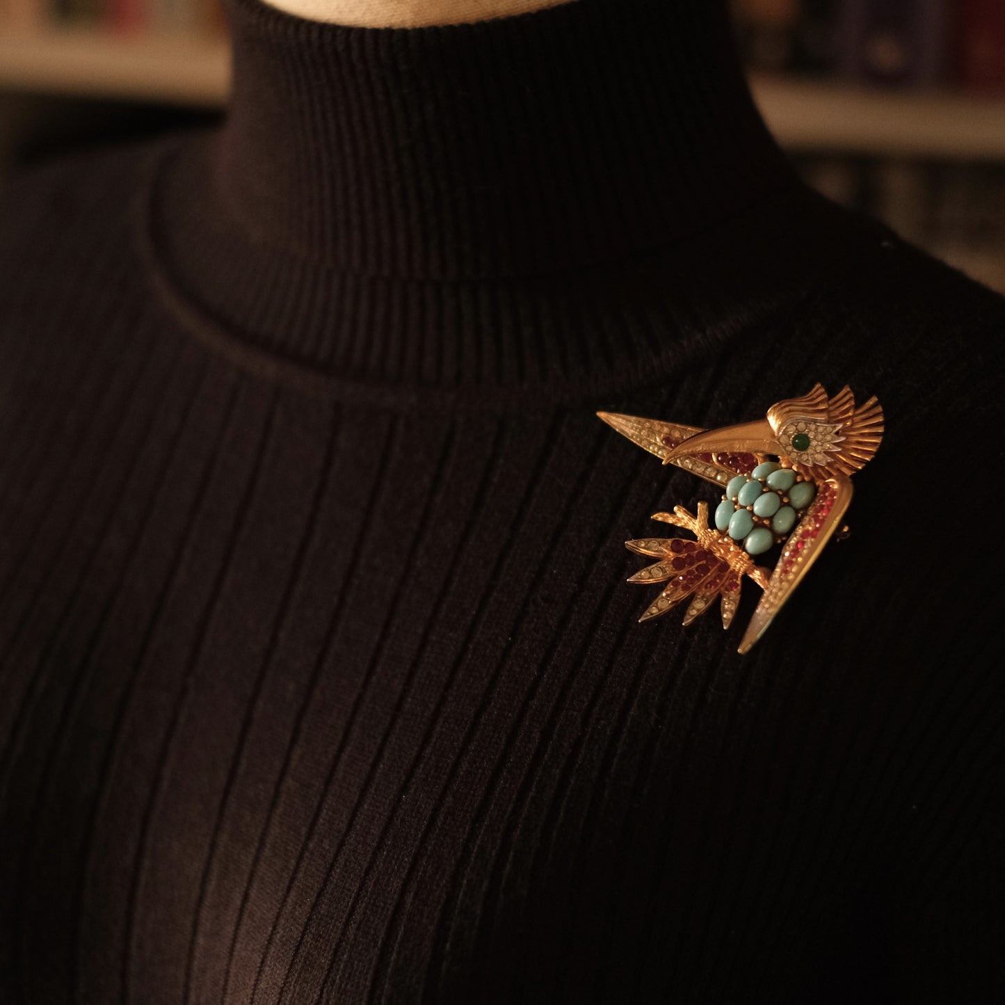 Vintage Boucher Bird Brooch with Turquoise Cabochons, Ruby & Crystal Accents