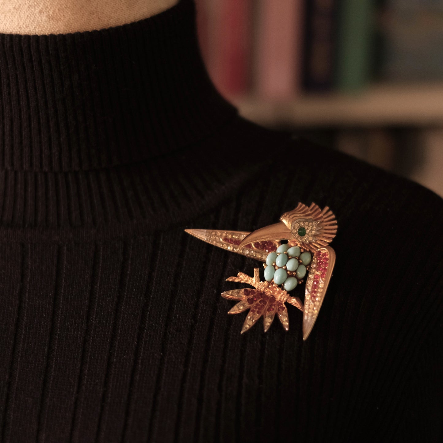 Vintage Boucher Bird Brooch with Turquoise Cabochons, Ruby & Crystal Accents
