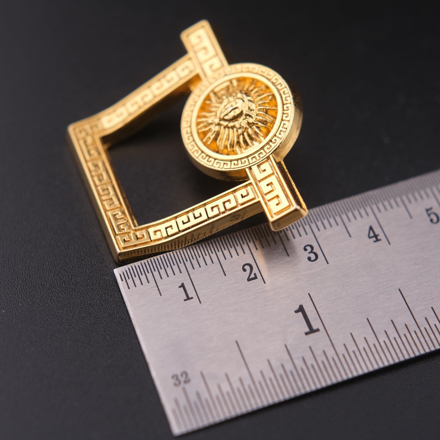 Vintage Malka Paris Lion Sun Medallion Pin – Gold Tone Greek Key Frame – Made in France