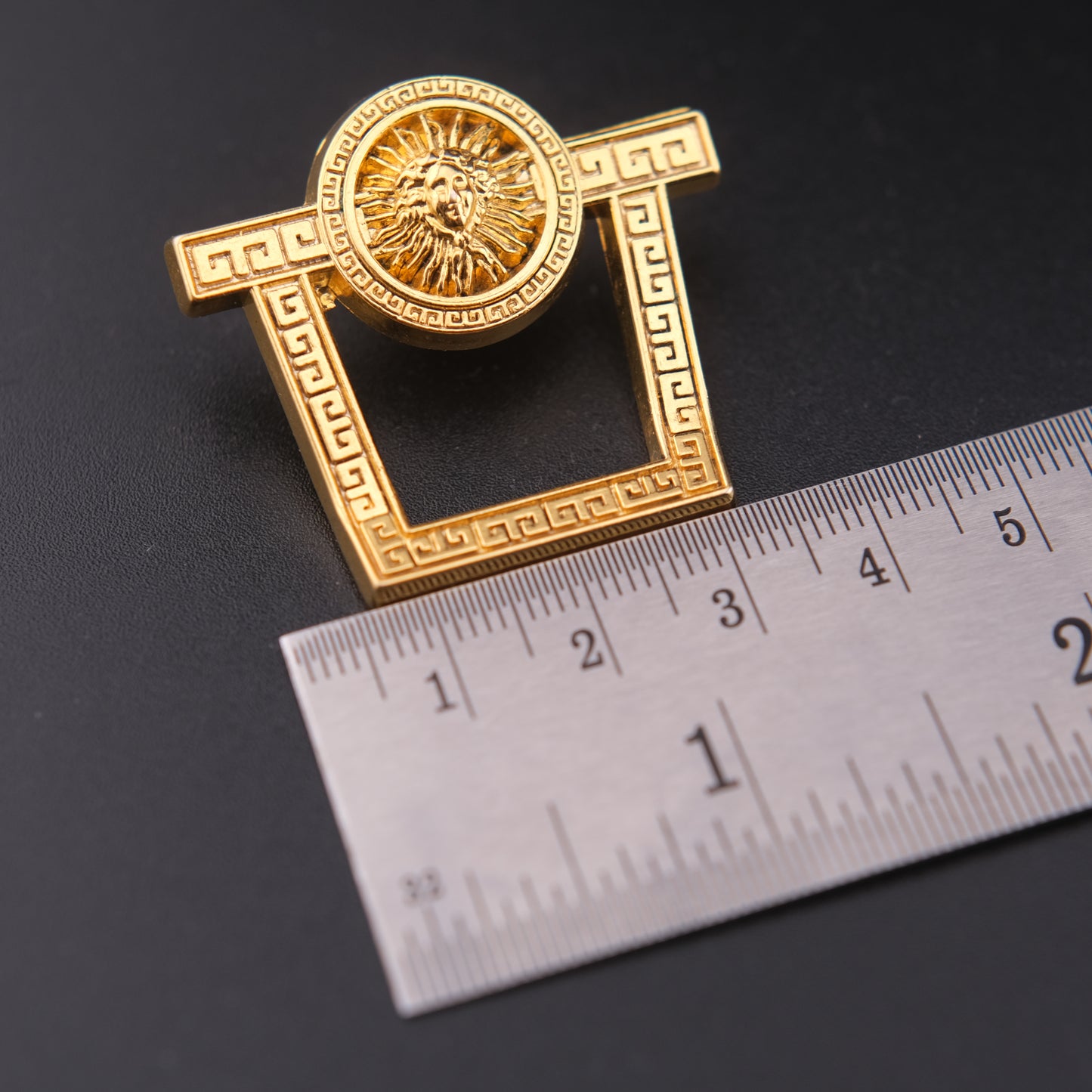 Vintage Malka Paris Lion Sun Medallion Pin – Gold Tone Greek Key Frame – Made in France