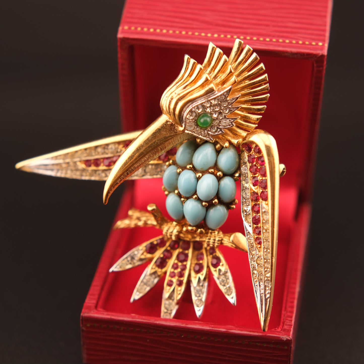 Vintage Boucher Bird Brooch with Turquoise Cabochons, Ruby & Crystal Accents