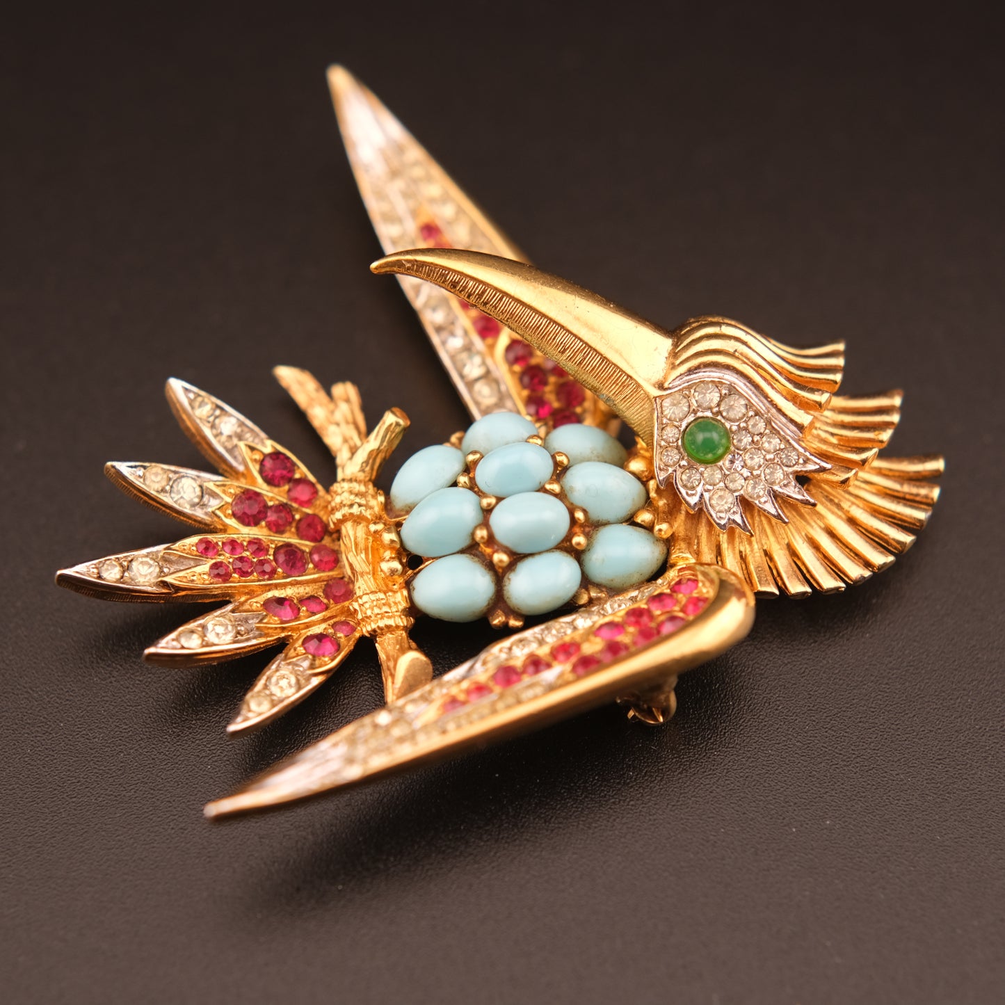 Vintage Boucher Bird Brooch with Turquoise Cabochons, Ruby & Crystal Accents