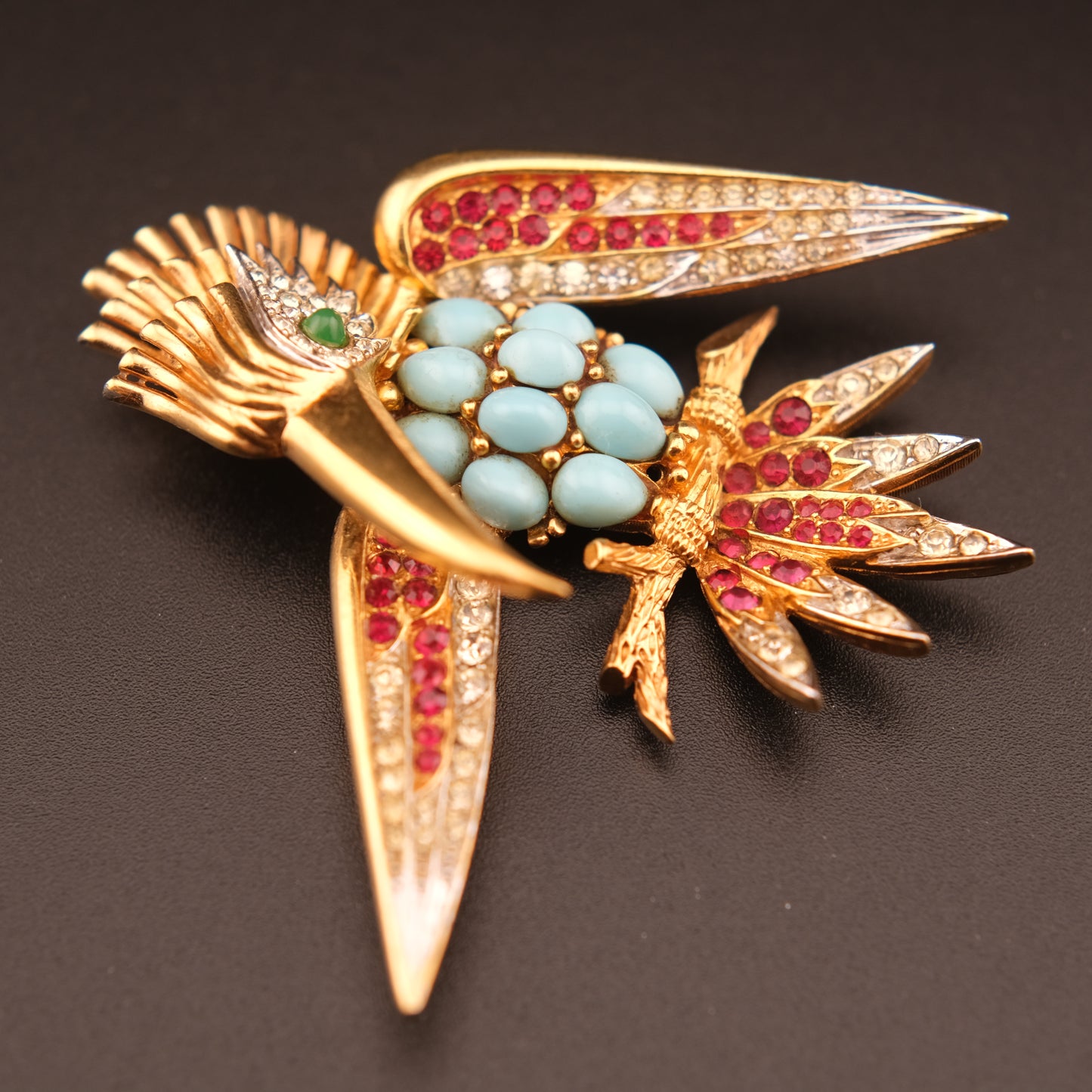 Vintage Boucher Bird Brooch with Turquoise Cabochons, Ruby & Crystal Accents