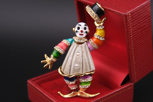 Vintage Clown Brooch – Attributed to Hattie Carnegie – Enamel & Rhinestone – Made in England