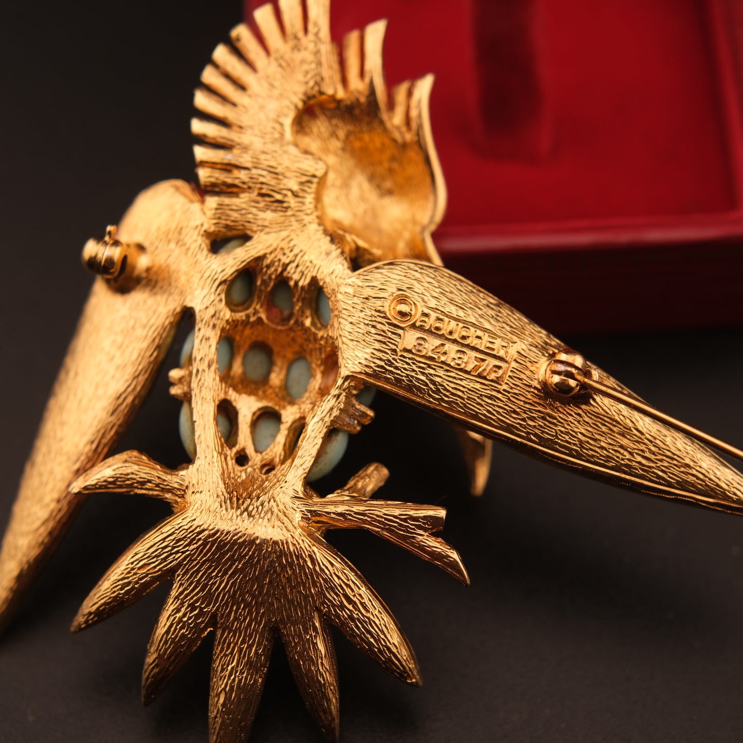 Vintage Boucher Bird Brooch with Turquoise Cabochons, Ruby & Crystal Accents