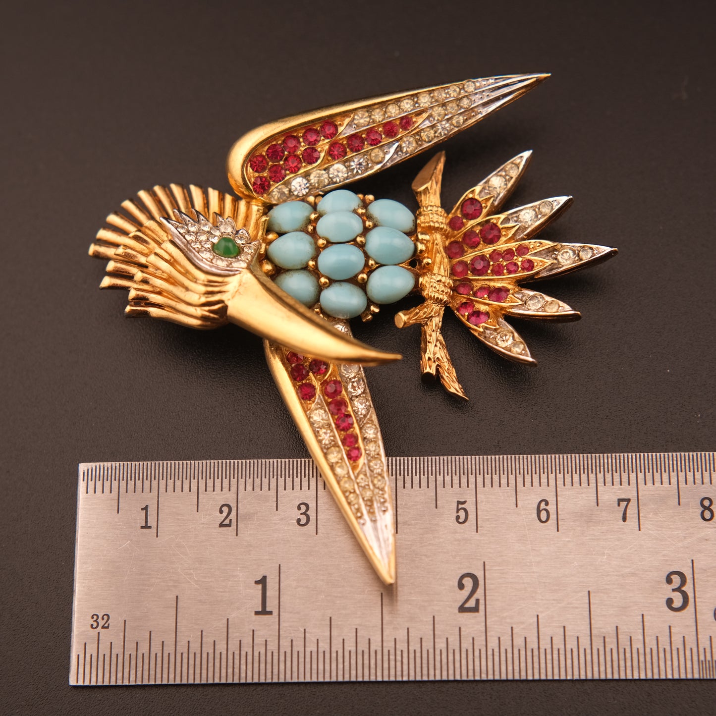 Vintage Boucher Bird Brooch with Turquoise Cabochons, Ruby & Crystal Accents