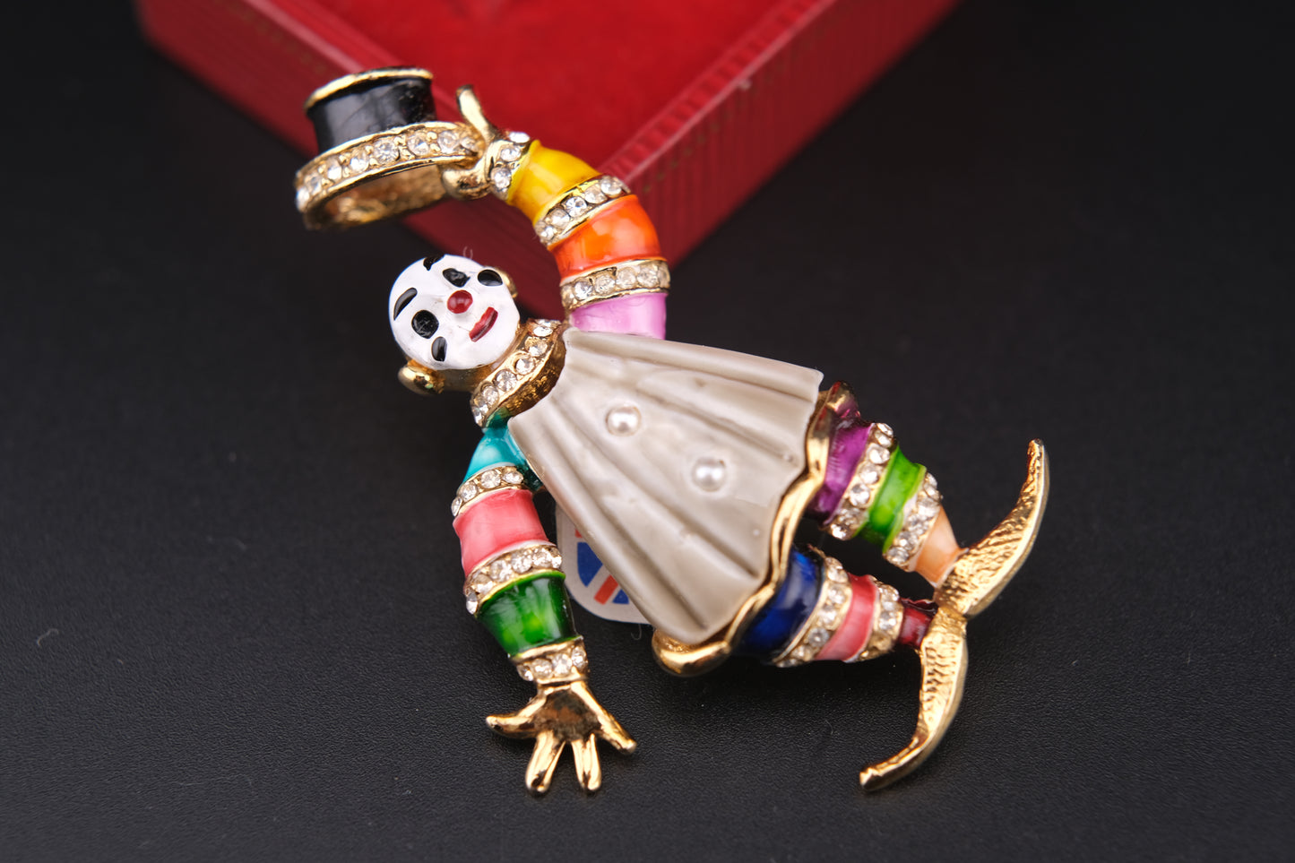 Vintage Clown Brooch – Attributed to Hattie Carnegie – Enamel & Rhinestone – Made in England