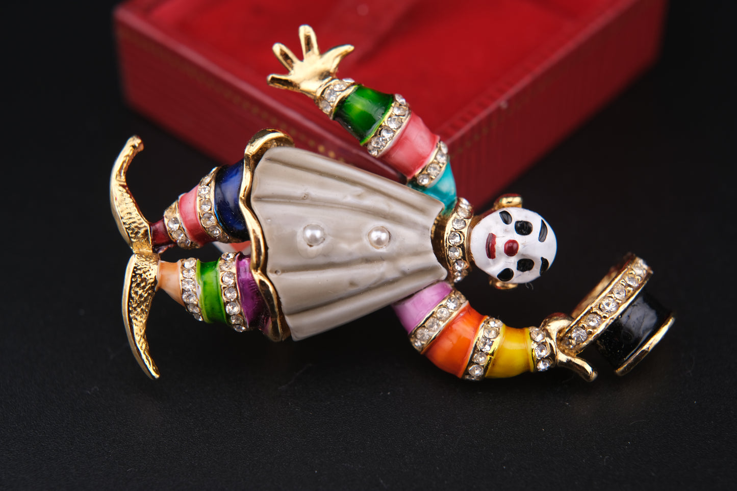 Vintage Clown Brooch – Attributed to Hattie Carnegie – Enamel & Rhinestone – Made in England