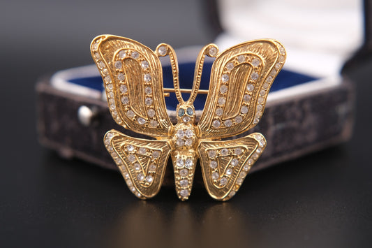 Vintage Signed ROMAN Gold-Tone Butterfly Brooch with Clear and Blue Rhinestones