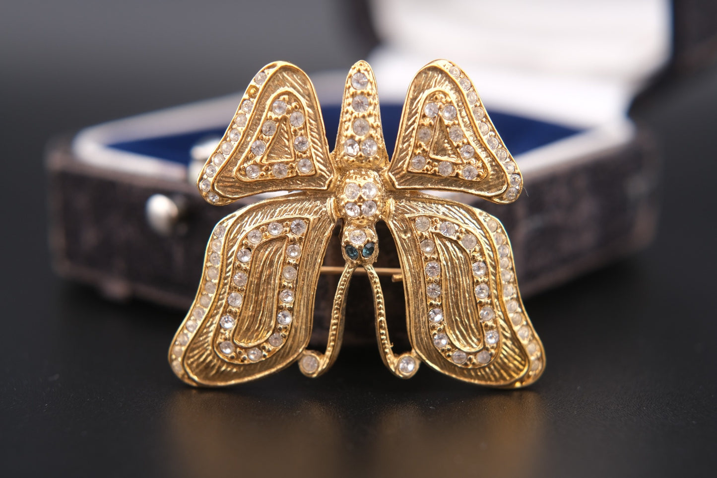 Vintage Signed ROMAN Gold-Tone Butterfly Brooch with Clear and Blue Rhinestones