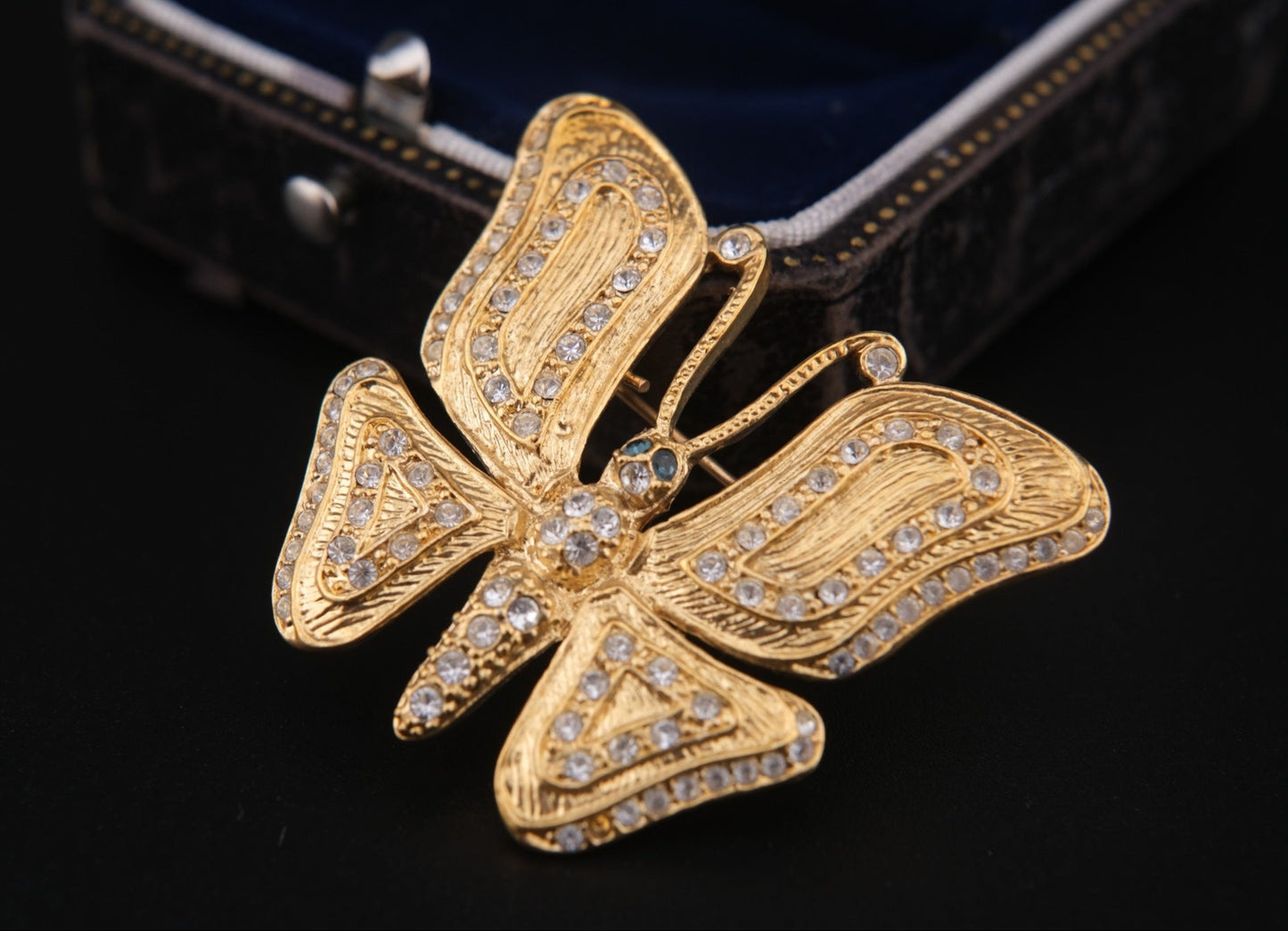 Vintage Signed ROMAN Gold-Tone Butterfly Brooch with Clear and Blue Rhinestones