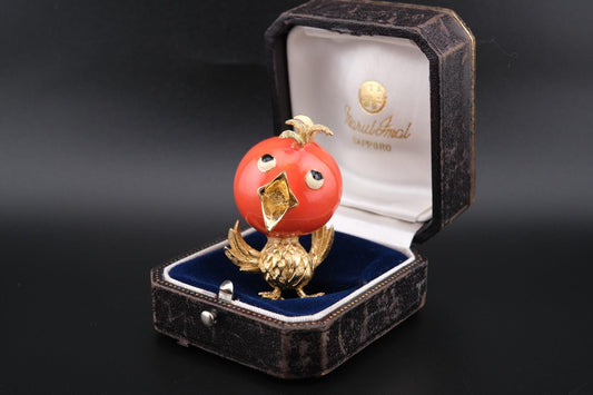 Ciner Song Bird Brooch – Gold-Tone with Coral Red Enamel Head