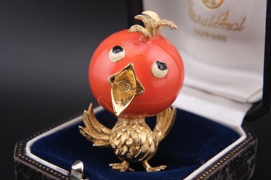 Ciner Song Bird Brooch – Gold-Tone with Coral Red Enamel Head