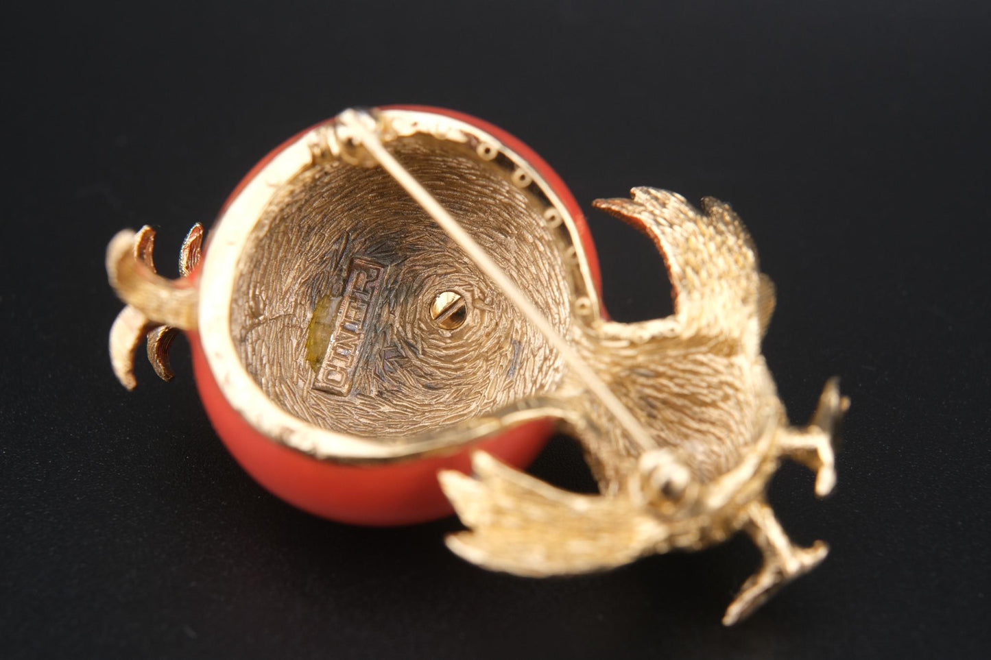 Ciner Song Bird Brooch – Gold-Tone with Coral Red Enamel Head