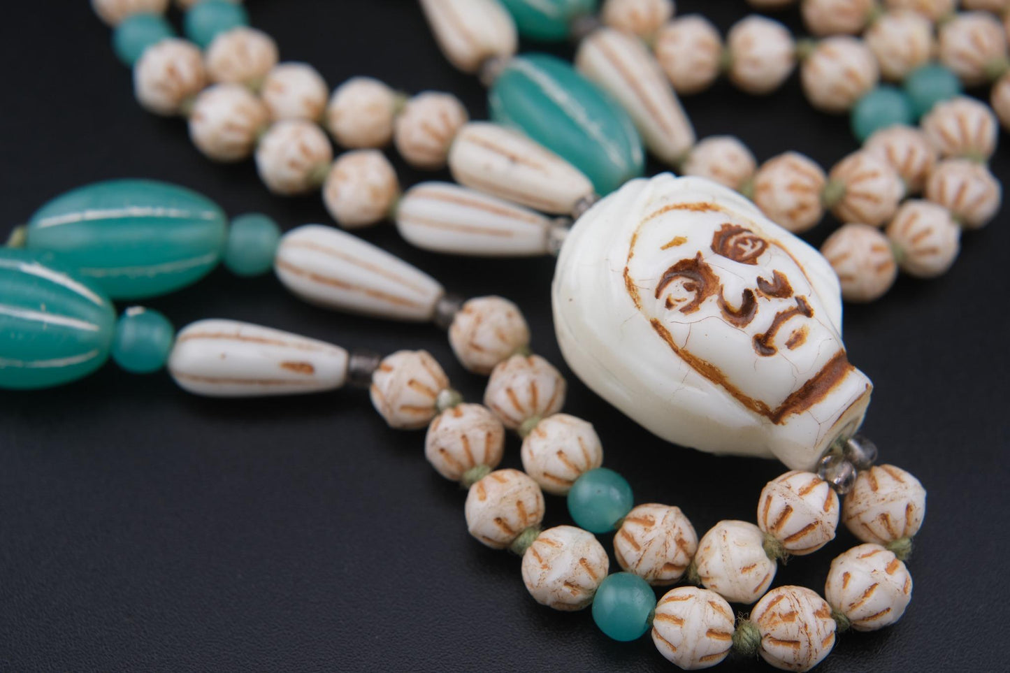 Vintage Carved Face Bead Tribal Necklace – 40" Long