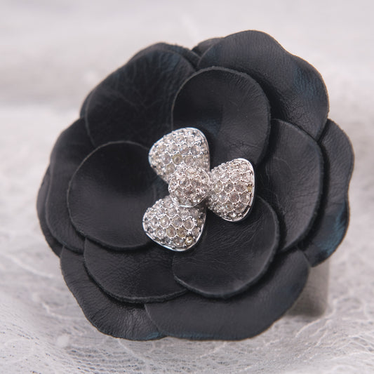 ❤️ Swarovski Black Leather Camellia Flower Brooch with Crystal Center