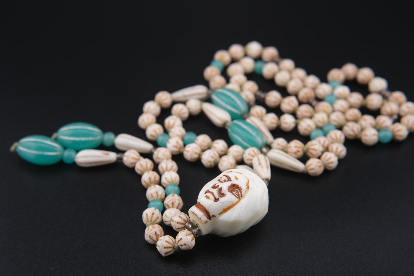 Vintage Carved Face Bead Tribal Necklace – 40" Long