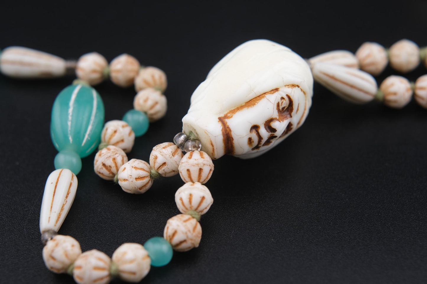 Vintage Carved Face Bead Tribal Necklace – 40" Long