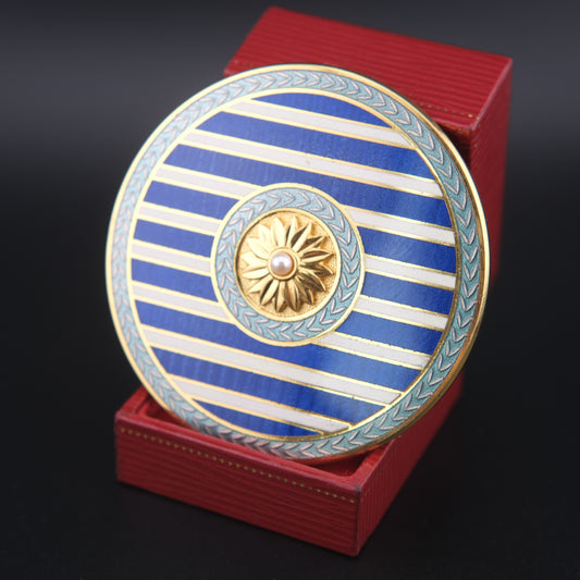 Mikimoto Blue Enamel Compact Mirror – Gold-Tone with Real Pearl Accent