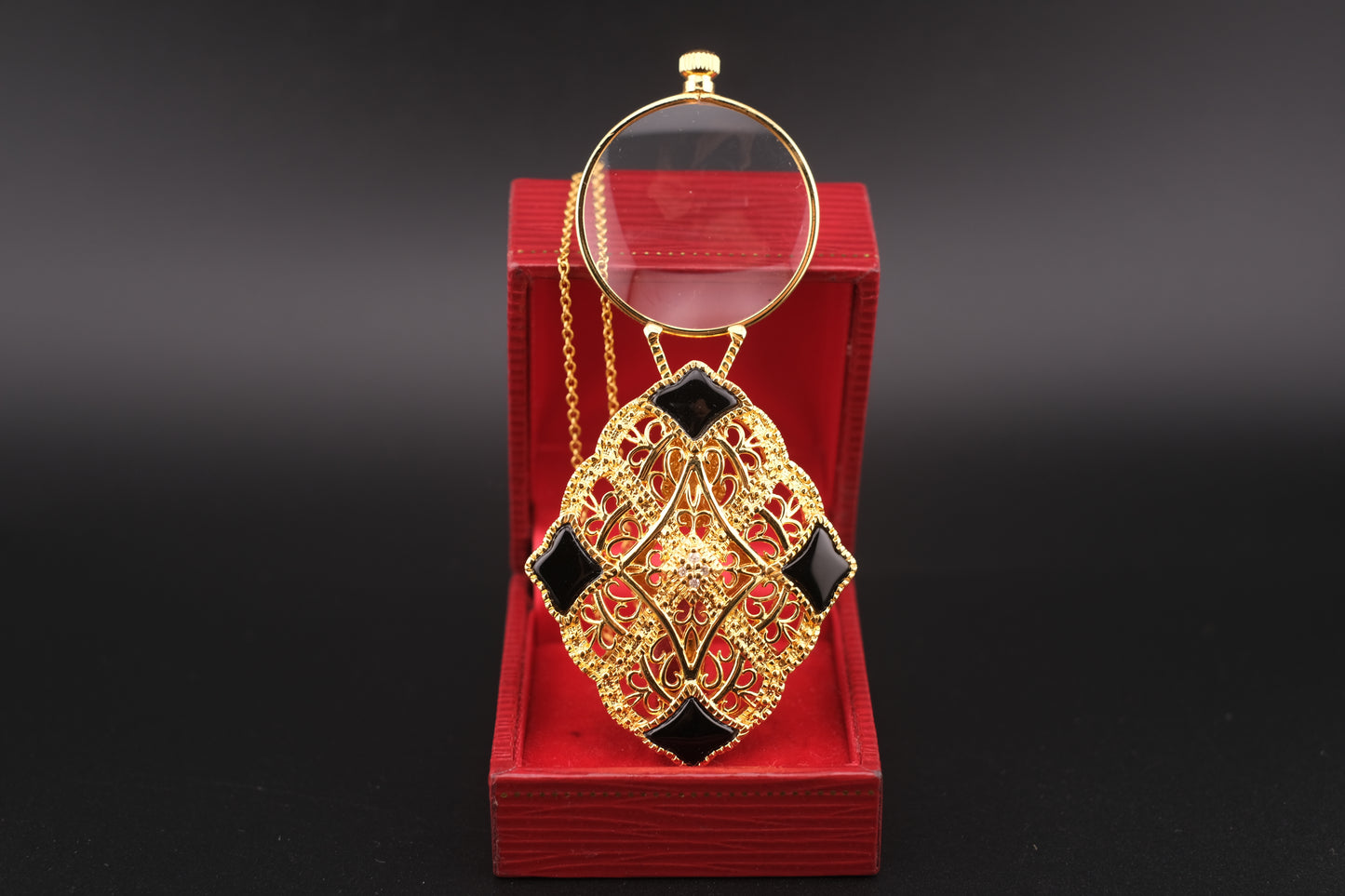 Vintage Gold Filigree Loupe Pendant Necklace with Black Accents and Hidden Magnifier