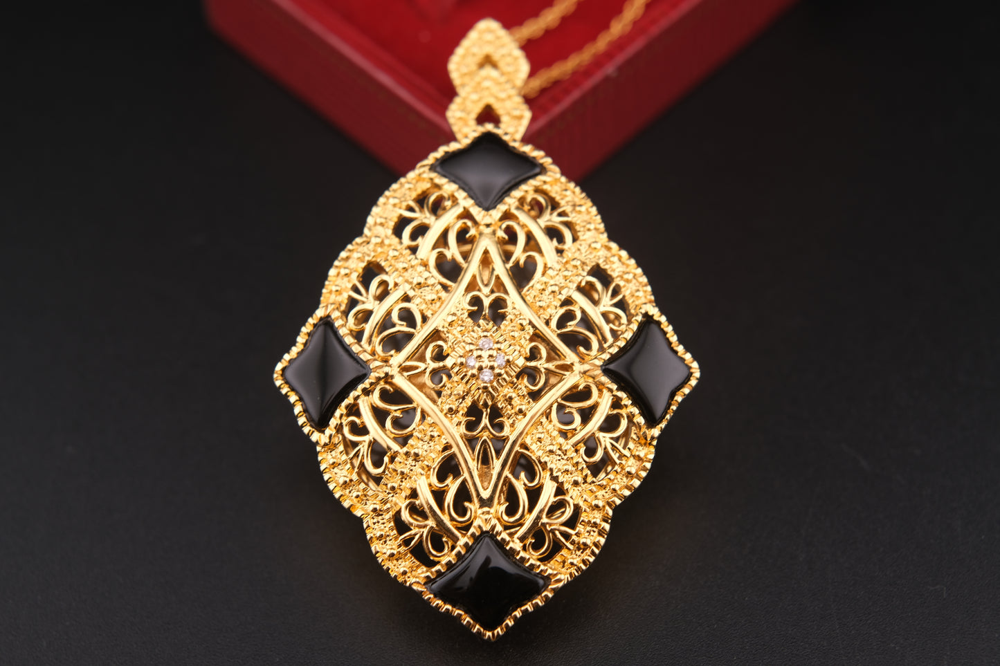 Vintage Gold Filigree Loupe Pendant Necklace with Black Accents and Hidden Magnifier