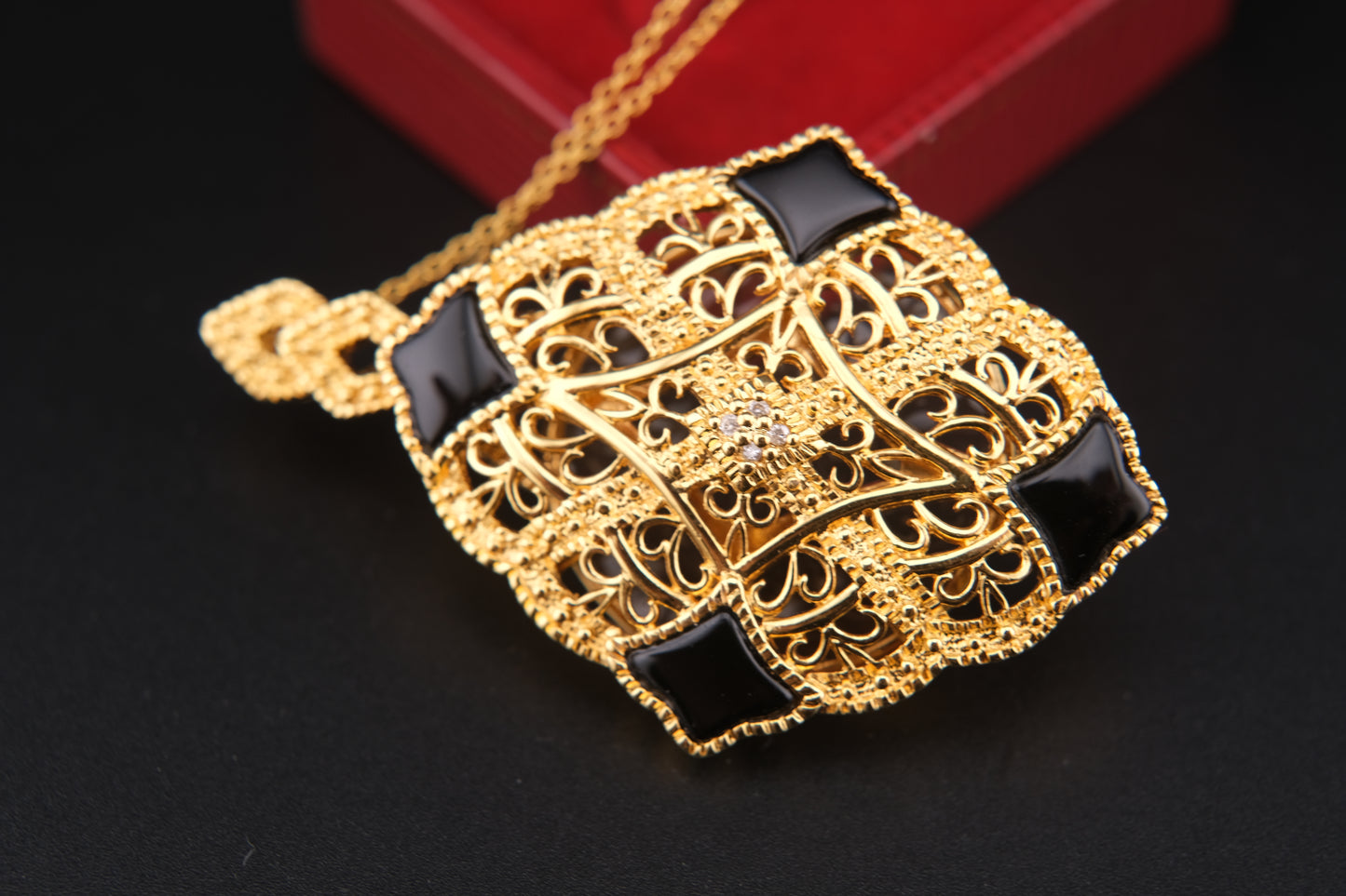 Vintage Gold Filigree Loupe Pendant Necklace with Black Accents and Hidden Magnifier