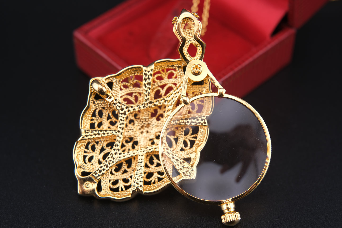 Vintage Gold Filigree Loupe Pendant Necklace with Black Accents and Hidden Magnifier