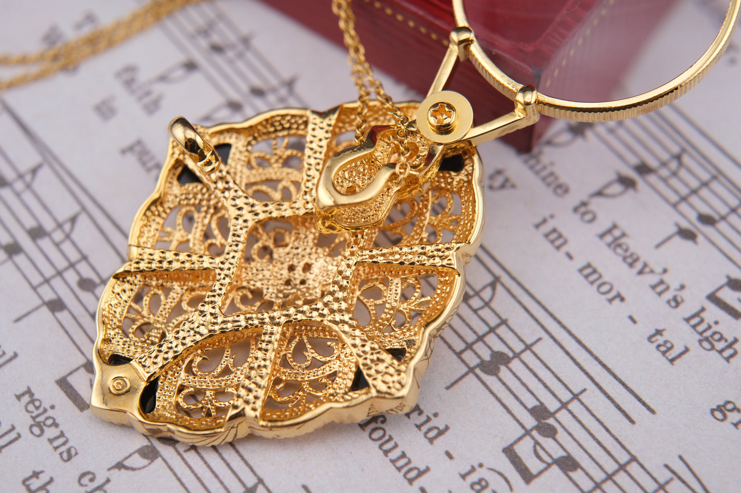 Vintage Gold Filigree Loupe Pendant Necklace with Black Accents and Hidden Magnifier