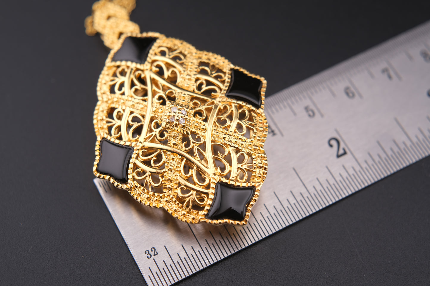 Vintage Gold Filigree Loupe Pendant Necklace with Black Accents and Hidden Magnifier