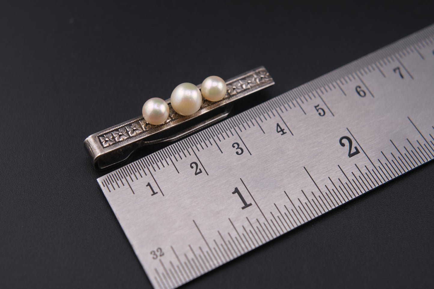Vintage Sterling Silver Tie Clip – Three Genuine Pearls with Engraved Design