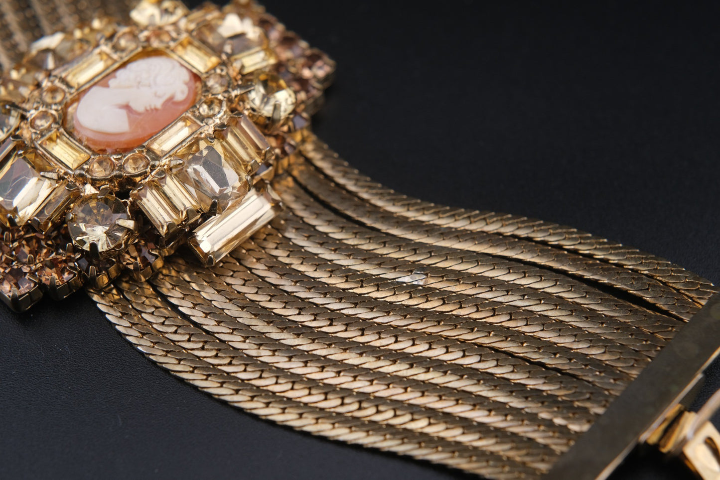 Vintage Cameo & Rhinestone Wide Mesh Bracelet – Statement Gold Tone Cuff