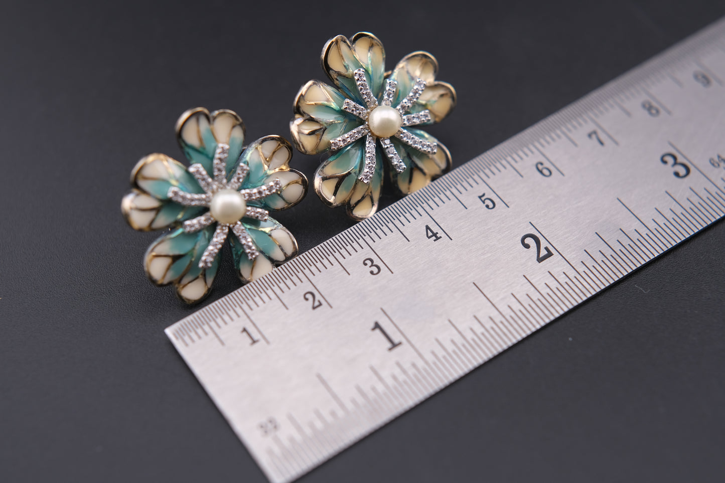 Vintage 925 Sterling Silver Enamel Flower Clip-On Earrings with Genuine Pearls