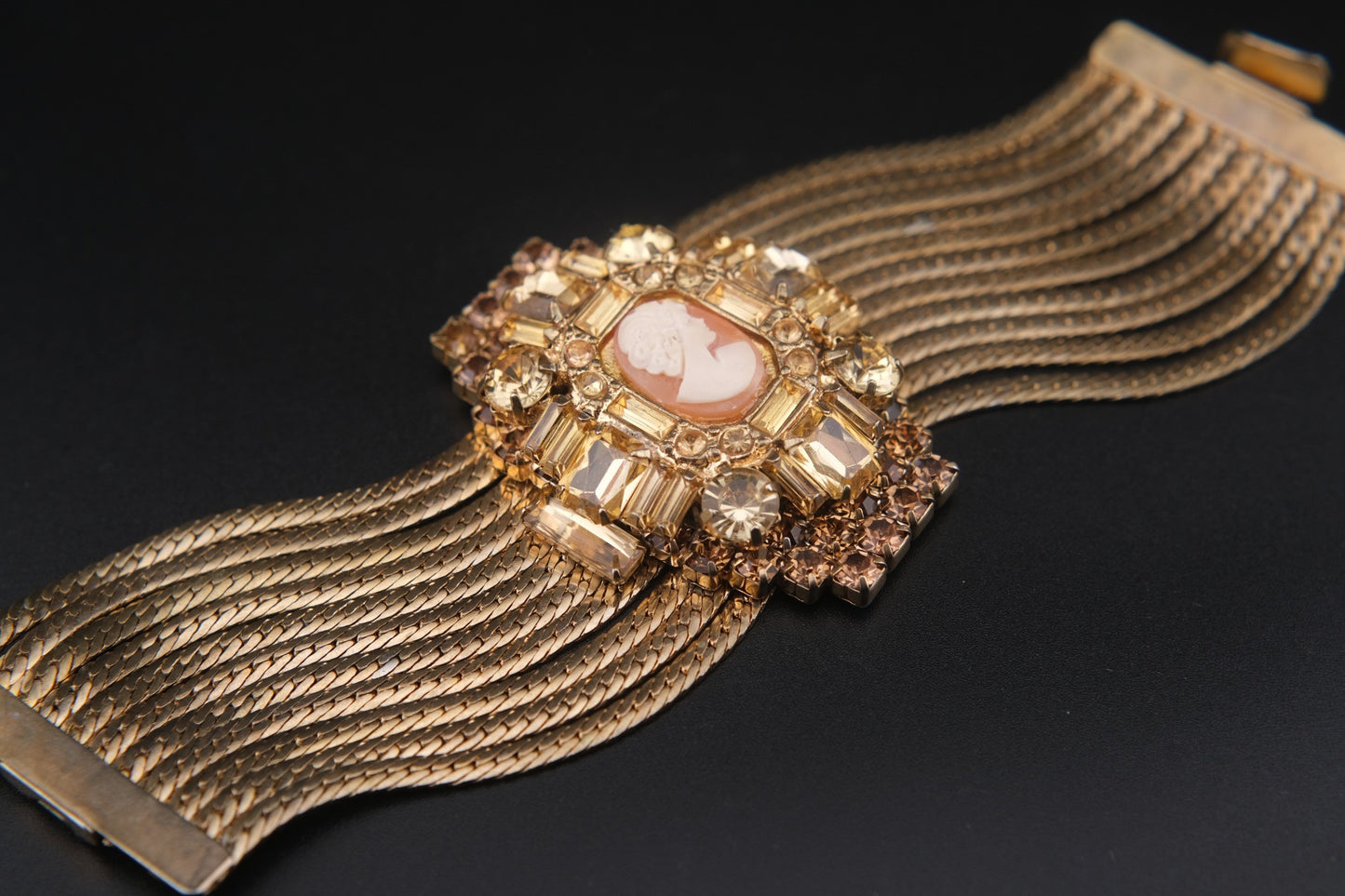 Vintage Cameo & Rhinestone Wide Mesh Bracelet – Statement Gold Tone Cuff