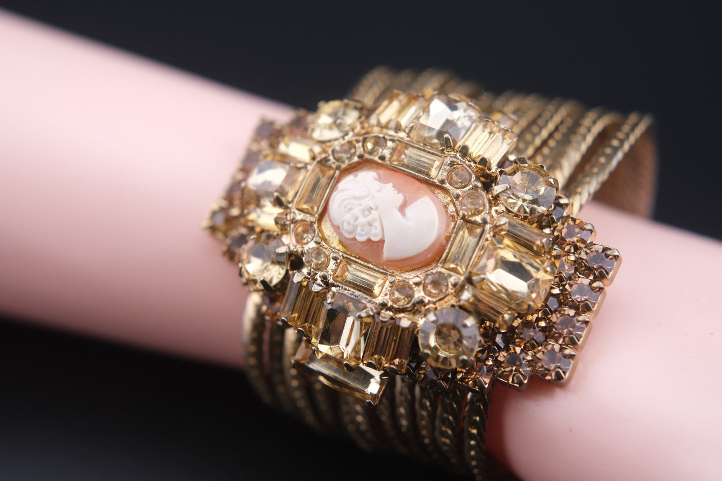Vintage Cameo & Rhinestone Wide Mesh Bracelet – Statement Gold Tone Cuff