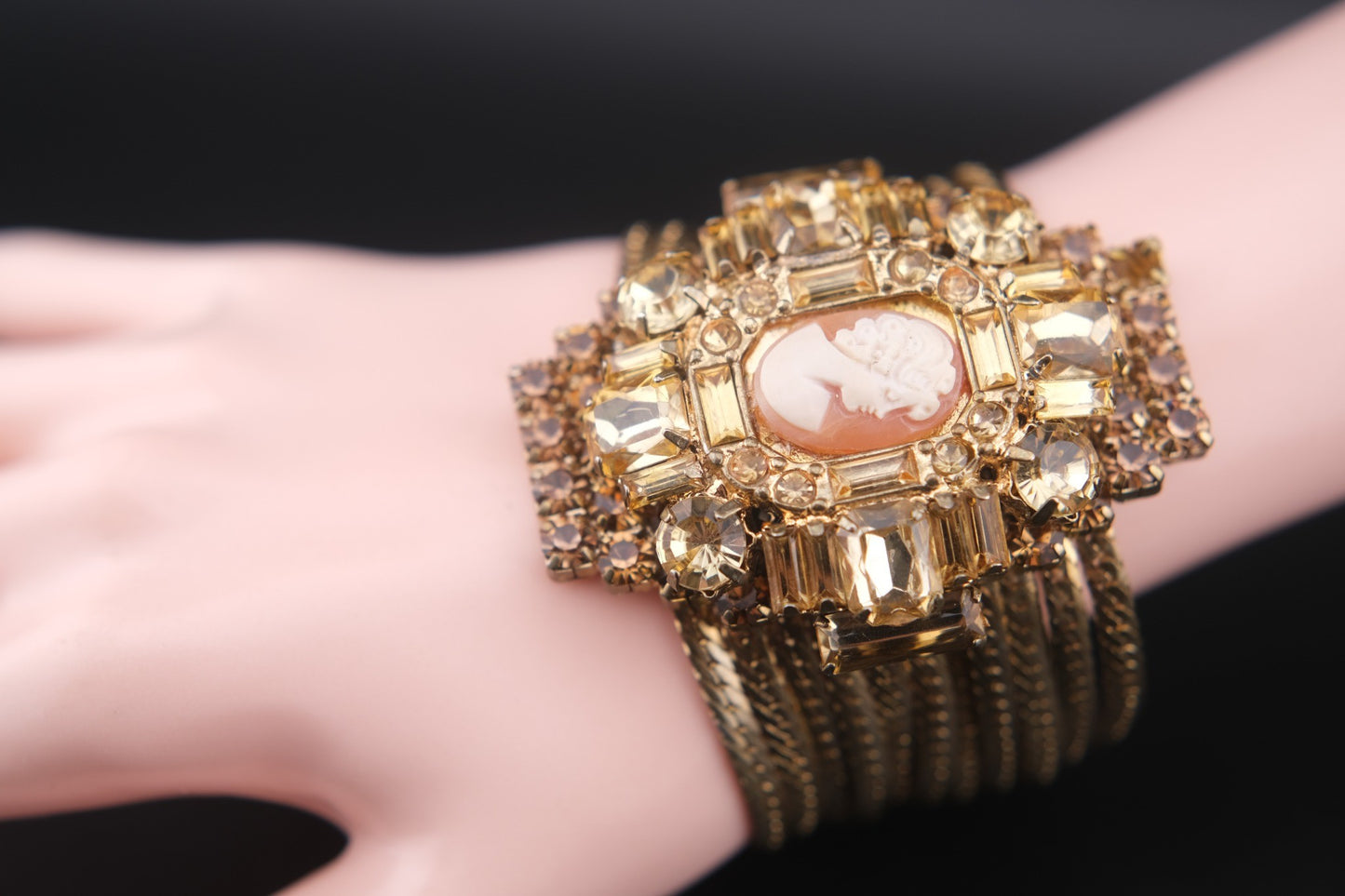Vintage Cameo & Rhinestone Wide Mesh Bracelet – Statement Gold Tone Cuff