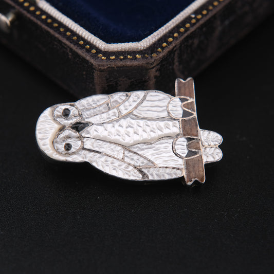 Native American White Pearl Owl Brooch & Pendant – Sterling Silver Cloisonné Enamel