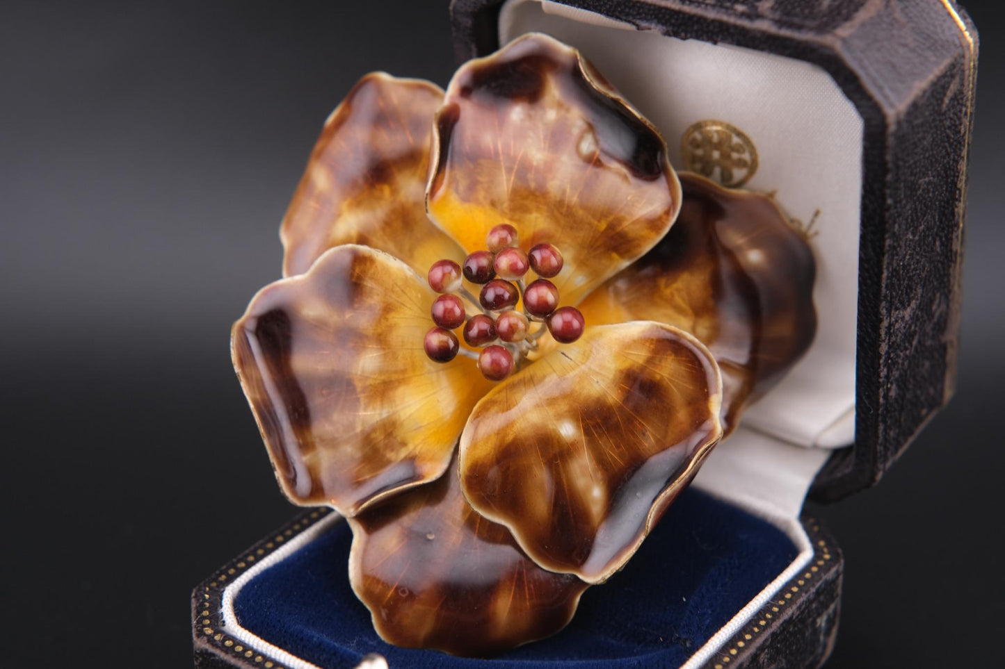Vintage Enamel Flower Brooch – Gold Tone with Maroon Bead Accents